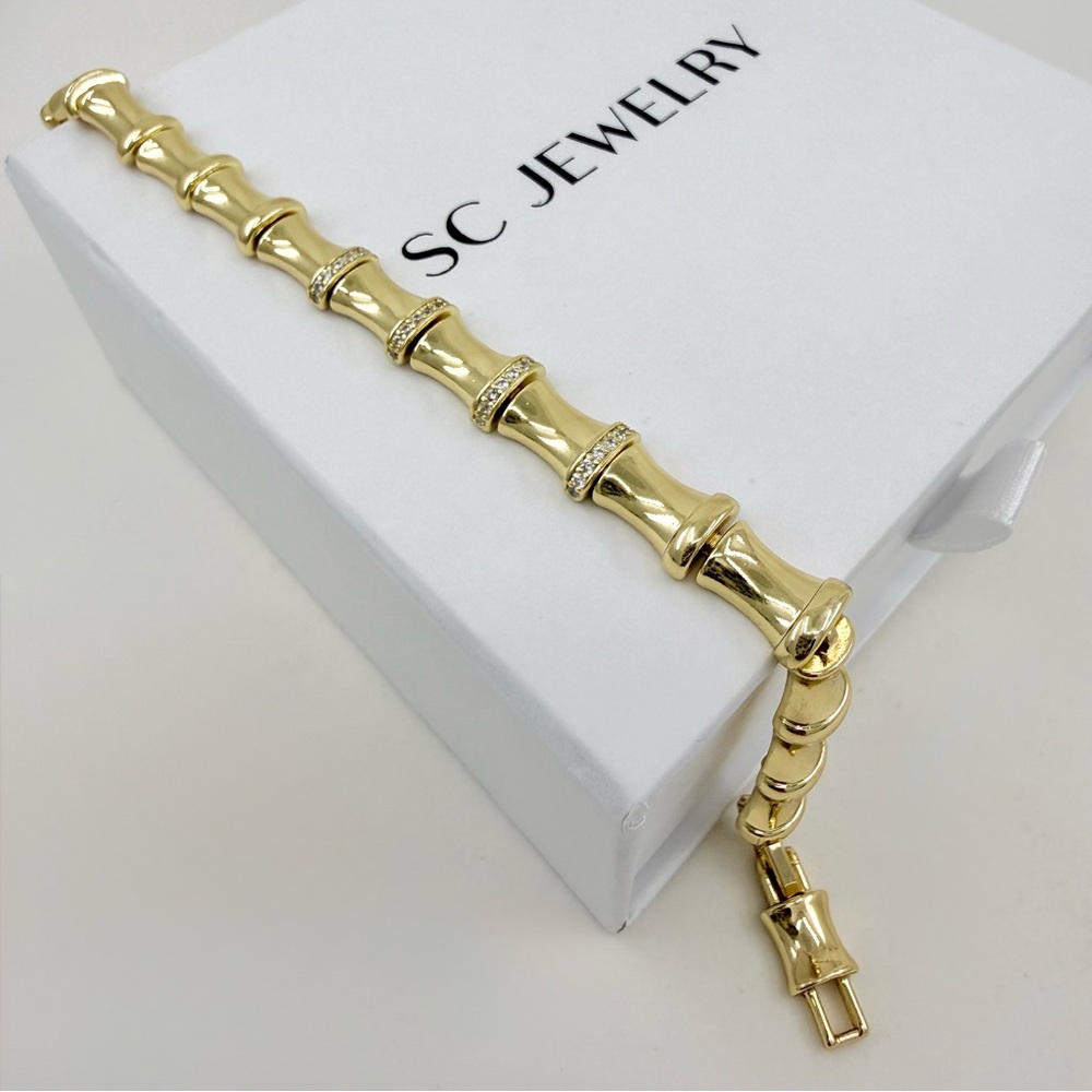 14K Gold Plated Bamboo Link Bracelet with Zircon Stones | Statement Jewelry - Picture 7 of 12